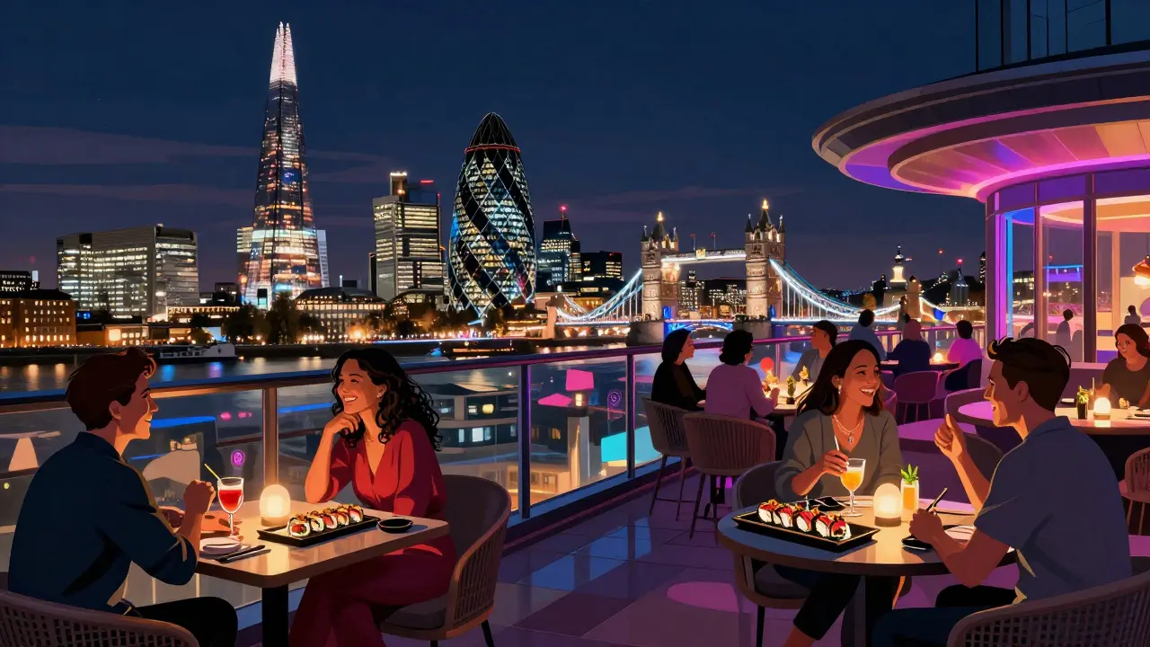 Vibrant 38th-floor terrace with panoramic London skyline and guests enjoying cocktails.
